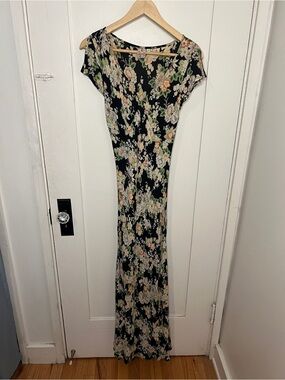Vintage Black Floral Maxi Dress with Cream & Green Print